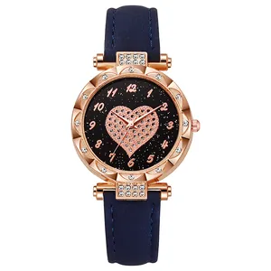 Women's quartz watch with sparkling starry dial, heart pattern and blue leather strap