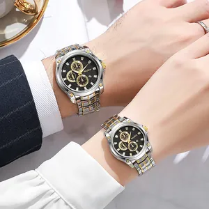 Reloj de Cuarzo de Pareja Clásico de Negocios Caja de Aleación Correa de Acero Inoxidable Bicolor Manecillas Luminosas Calendario