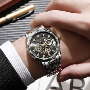 Men's business watch with black chronograph dial and silver-gold stainless steel band