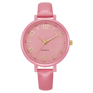 Detail view of pink leather strap and quartz dial with gold numerals for women