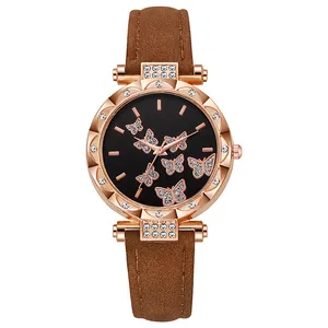 Orologio donna con cassa oro rosa, cinturino in pelle marrone e quadrante farfalle