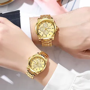 Reloj de cuarzo clásico de acero inoxidable dorado para parejas con esfera multifunción