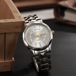 Waterproof men's business quartz watch with two-tone silver and gold steel strap