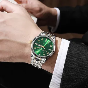 Men's business quartz watch with green sunburst dial and two-tone steel bracelet