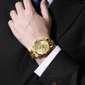 Men's Luxury Business Quartz Watch Skeleton Dial Waterproof Luminous Fashion Male Wristwatch With Alloy Metal Band Calendar Day Display