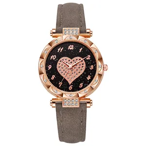 Women's quartz watch with gray leather strap, heart star black dial and rhinestone bezel