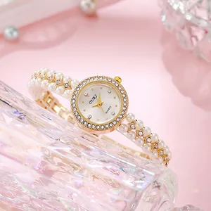 Women Fashion Pearl Bracelet Watch Vintage Luxury Alloy Rhinestone Beaded Quartz Watch For Elegant Ladies Jewelry Gift
