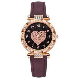 Deep purple starry sky quartz watch with rose gold heart dial and crystal accents