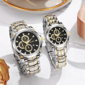 Relojes de pareja elegantes con esfera negra de tres ojos y correas de acero bicolor