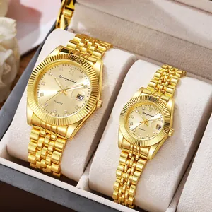 Luxury gold quartz couple watch set with fluted bezel and crystal dial in a gift box