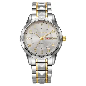 Detailed macro view of the two-tone metal watch strap and the dual calendar dial display
