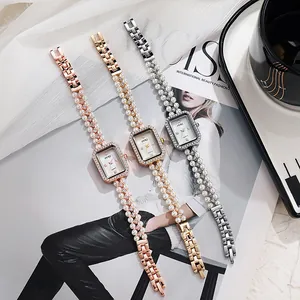 Rectangle quartz watches with pearl diamond straps in gold, silver and rose gold