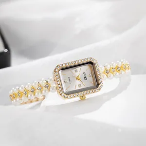 Vintage style gold pearl chain watch for women with rhinestone rectangle dial case