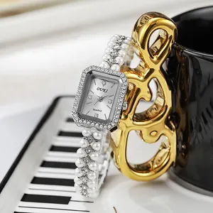 Women Vintage Elegant Quartz Watch With Rectangle Rhinestone Case And Faux Artificial Pearl Bracelet Chain Wristwatch Jewelry Gift
