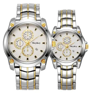 Set de relojes para pareja en acero inoxidable plata y oro con esfera blanca clásica
