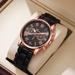 Classic women quartz watch with rose gold case and black silicone strap in a premium gift box