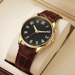 Men's Business Luxury Quartz Watch Gold Alloy Case Arabic Numerals Analog Display Faux Leather Croco Embossed Strap Wristwatch