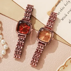 Fashion Women Square Quartz Watch Rose Gold Stainless Steel Band Roman Numeral Rhinestone Niche Simple Ladies Wristwatch