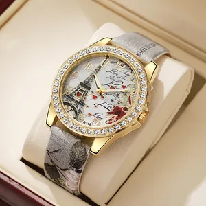 Montre à Quartz de Mode pour Femmes Imprimé Tour Eiffel de Paris Boîtier en Alliage de Strass Bracelet en Similicuir Montre-bracelet Décontractée Romantique Bijoux Cadeau pour Femme