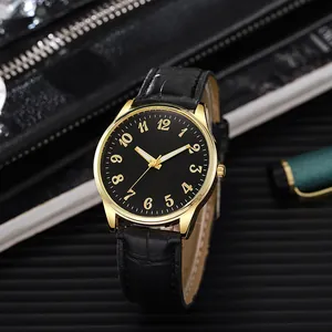 Classic men's business watch with golden case, black leather strap and numeral dial