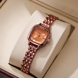 Elegant rose gold square women's watch with Roman numerals and metal link strap