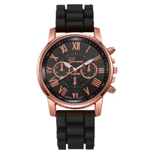Geneva women quartz watch with rose gold case, black dial, and textured silicone strap