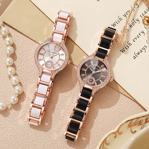 Fashion Women's Quartz Watch Rose Gold Alloy Case With Rhinestone Bezel Ceramic Link Bracelet Elegant Jewelry Wristwatch