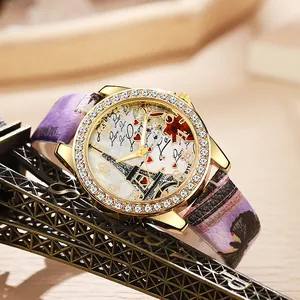 Montre femme à quartz avec cadran Tour Eiffel, lunette diamantée et bracelet violet