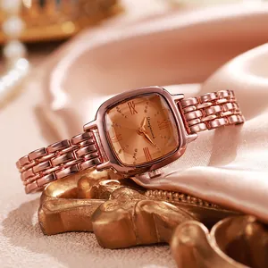 Elegant rose gold square watch for women with diamond dial and metal chain strap