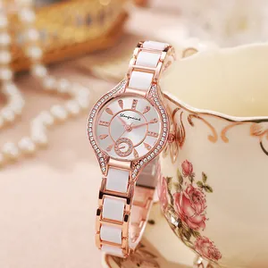 Elegant rose gold women watch with white ceramic strap and crystal studded dial
