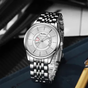 Silver business watch for men with steel strap and dual calendar display on white dial