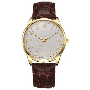 Business men's quartz watch with gold alloy case and brown embossed leather strap