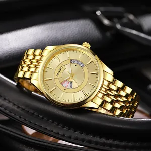 Luxury gold men's business watch with day-date display and metallic steel band