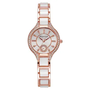 Elegant ladies quartz watch with rose gold alloy band and white ceramic inlay