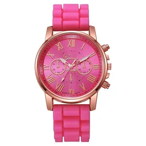 Detailed macro view of Geneva women's quartz watch with pink silicone strap and rose gold dial