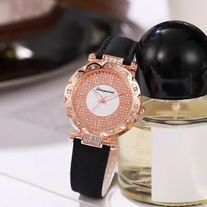 Women's quartz watch with rose gold wavy petal bezel and black leather strap