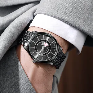 Men's business quartz watch with black sunburst dial and steel band on wrist
