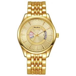 Detailed close-up of gold quartz watch with dual calendar display and metal band