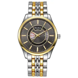 Detail of the dual calendar display on a two-tone steel business quartz wristwatch