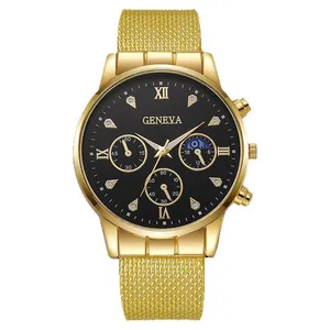 Orologio uomo business con quadrante nero, cinturino maglia oro e numeri romani