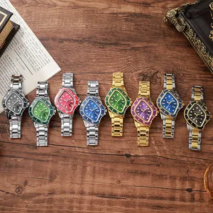 Triangle quartz watches with steel bands and diving bezels on dark wooden texture