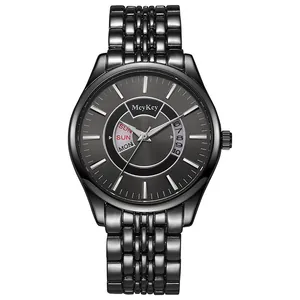 Detailed close-up of a black metal business watch with day-date display and textured dial