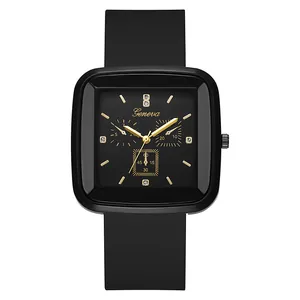 Square black quartz watch with silicone strap and elegant gold dial accents for women