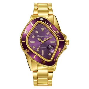 Detail of the unique triangle purple dial quartz watch with golden steel strap