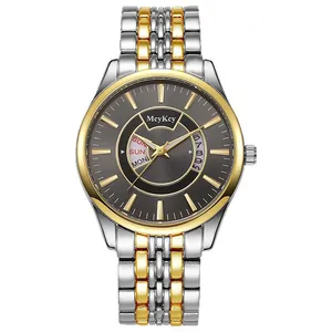 Men's two-tone steel watch with sunray grey dial and day-date display feature