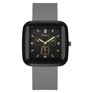 Detailed front view of square quartz watch with black case and grey silicone strap