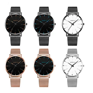 Multiple Geneva quartz watches with Milanese mesh bands in various colors and styles