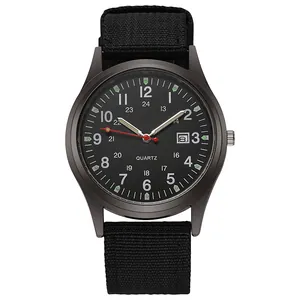 Tactical quartz watch with black nylon strap and military style dial with date window
