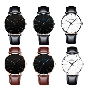 Selection of six minimalist Geneva quartz watches with leather straps in various colors