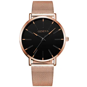 Detailed macro view of the Geneva watch face with rose gold markers and Milanese mesh strap